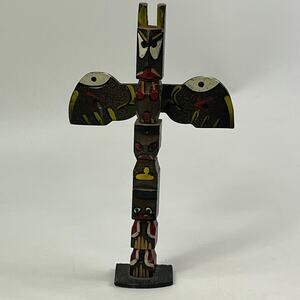 Vintage Hand Carved Wooden Totem Pole Thunderbird Rotating Wings Folk Art Indian